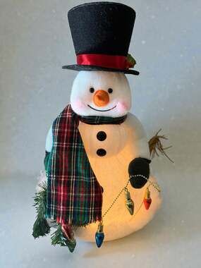 Vintage Trendmasters Light Up Fuzzy Snowman with Top Hat and Christmas Lights